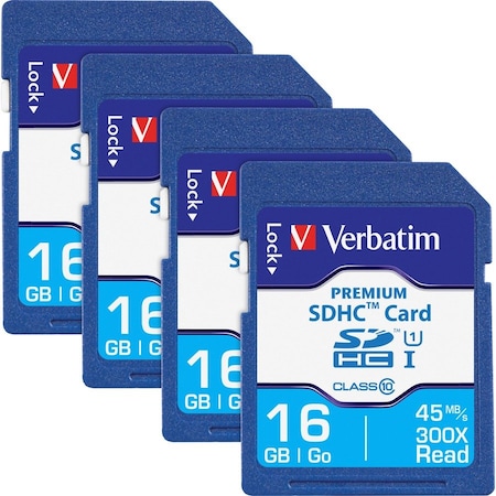 Verbatim SDHC Cards, 6 Hours, Speed Class 10, 16GB, 4/BX 4PK VER96808BX